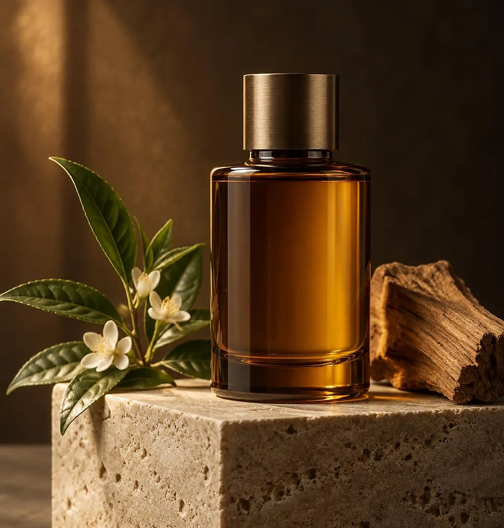 Amber fragrance oil bottle on stone